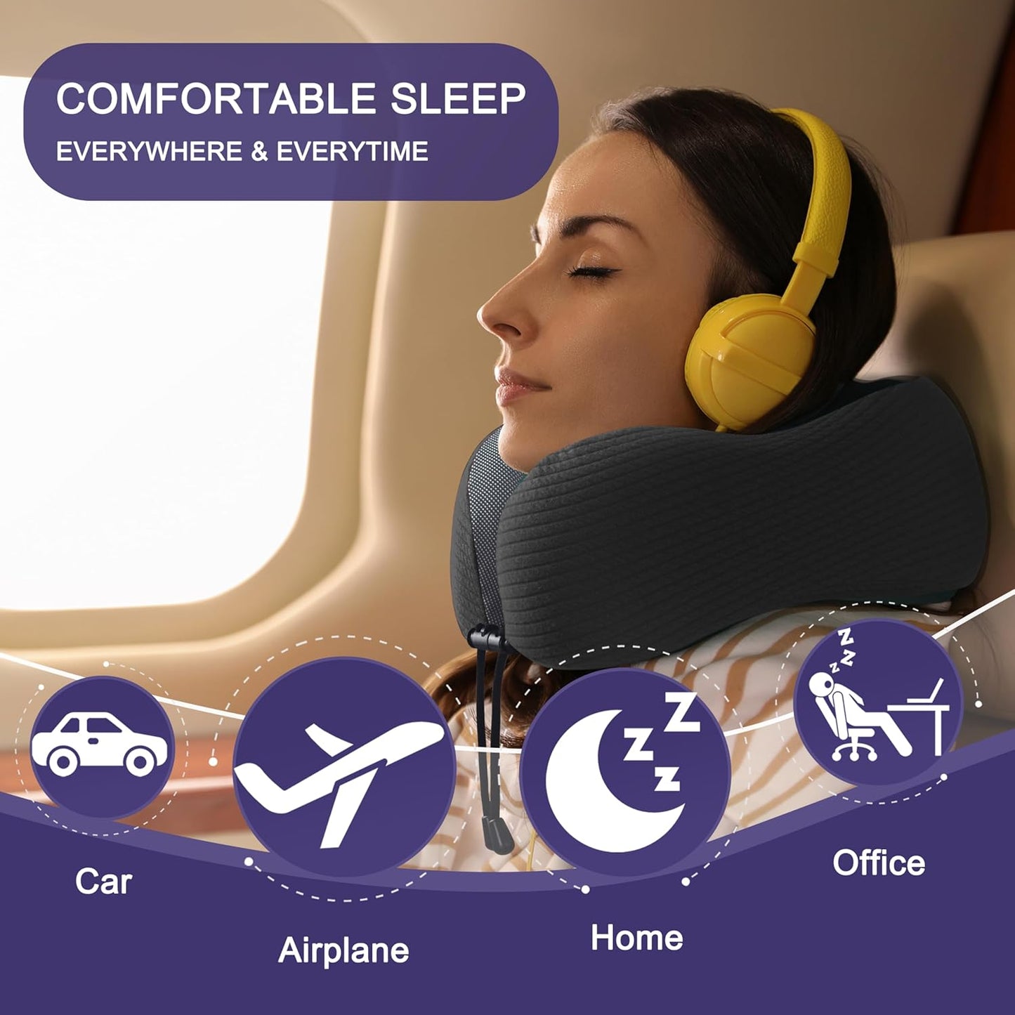 napfun Neck Pillow for Traveling, Upgraded Travel Neck Pillow for Airplane 100% Pure Memory Foam Travel Pillow for Flight Headrest Sleep, Portable Plane Accessories, Charcoal Black