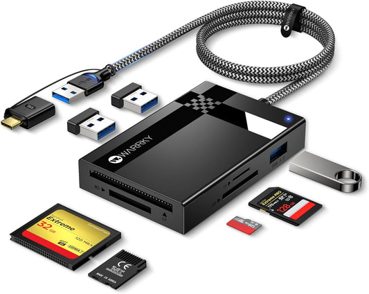 SD Card Reader 7 in 1, WARRKY [Dual Connector USB3.0, 2.5FT Nylon Cable]
