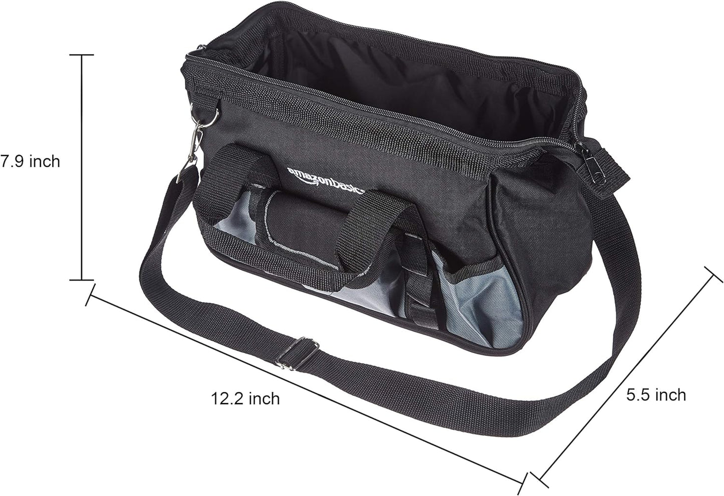 Amazon Basics Durable Wear-Resistant Tool Storage Bag with Adjustable Shoulder Strap, Portable Tool Organizer, 16 Pockets, 12 in, Black & Gray