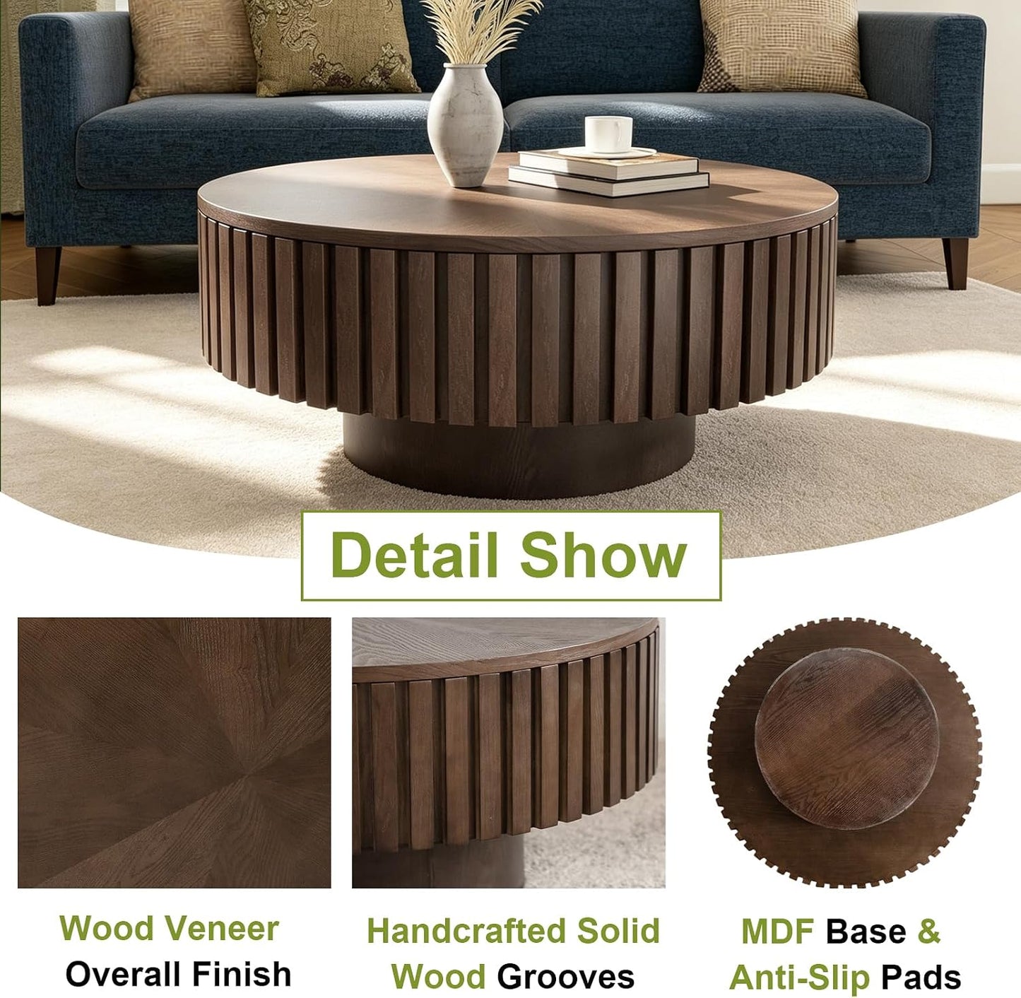 31" Brown Round Coffee Table with Storage (G, 1PC) | For Living Room, Circle Drum Wood Fluted Coffee Table with Flip-Top Lid, Farmhouse Modern, For Small Spaces, Easy Assembly