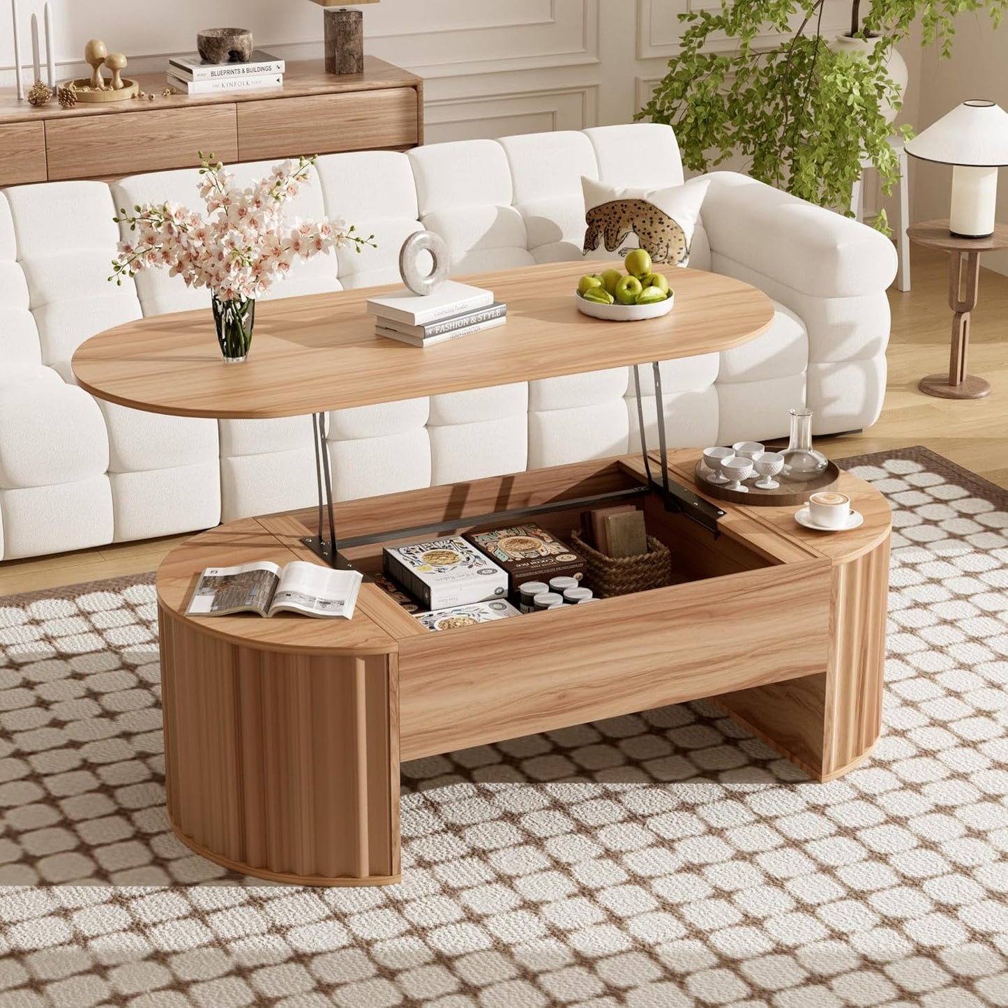 47.2" Lift Top Coffee Table with Hidden Compartment, Modern Oval Fluted Wooden Center Table Cocktail Tea Table with Curved Safety Corners and Adjustable Height for Living Room, Light Brown