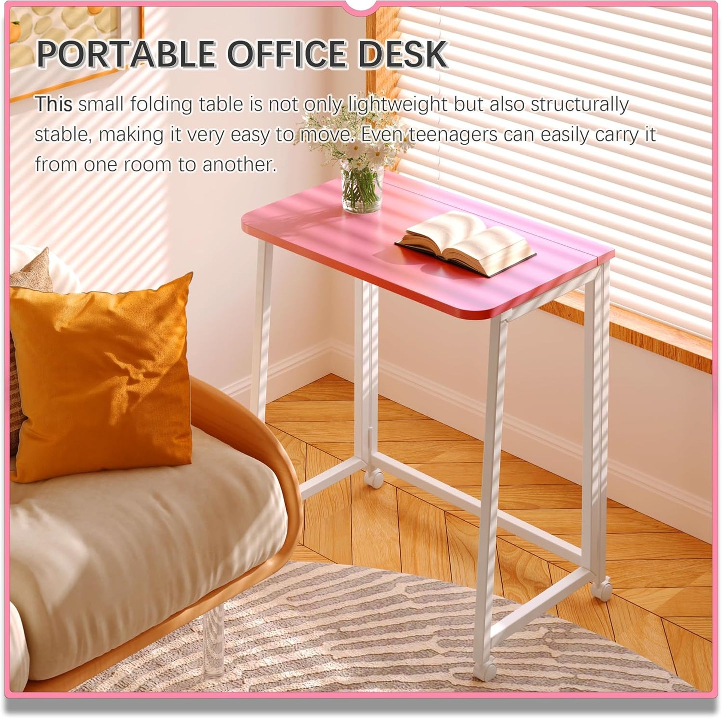 4NM 23.6" Mobile Small Folding Desk, Foldable Rolling Computer Home Office Desk, Study Writing Table for Small Space Saving Bedroom, with Wheels - Pink and White