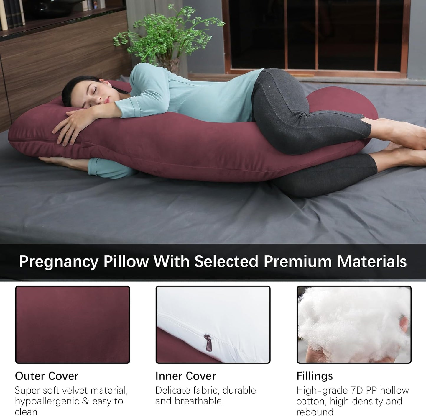 MOON PARK Pregnancy Pillows for Sleeping - U Shaped Full Body Maternity Pillow with Removable Cover - Support for Back, Legs, Belly, Hips - 57 Inch Pregnancy Pillow for Women - Burgundy