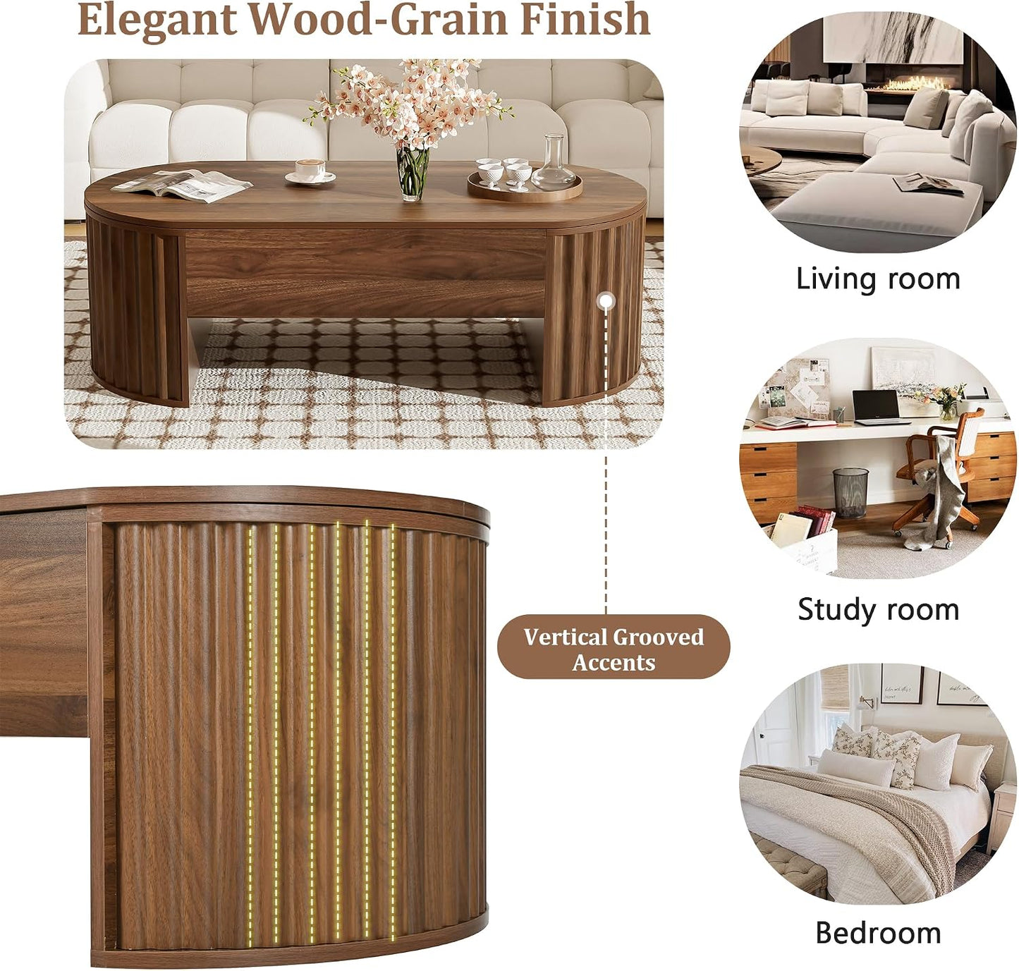 47.2" Lift Top Coffee Table with Hidden Compartment, Modern Oval Fluted Wooden Center Table Cocktail Tea Table with Curved Safety Corners and Adjustable Height for Living Room, Brown