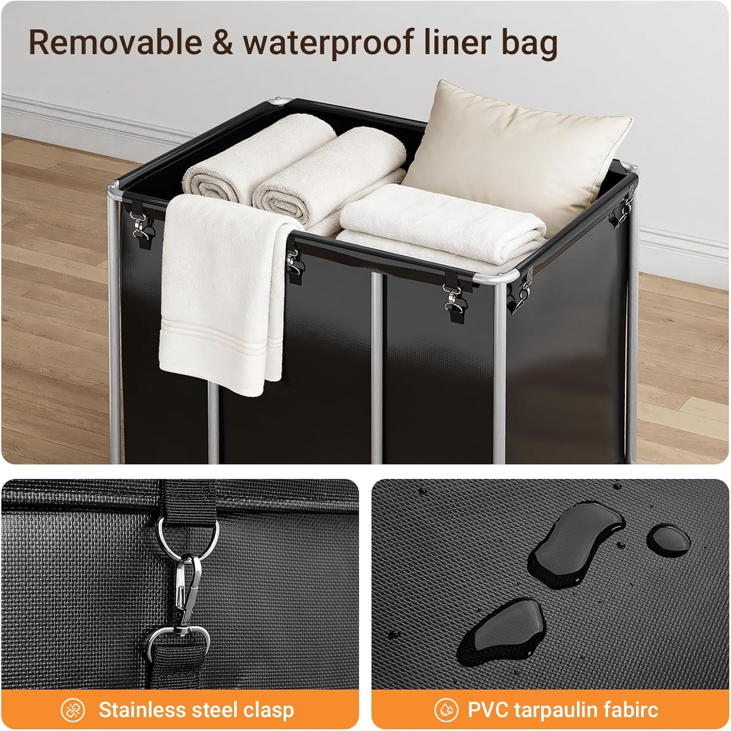 ELYKEN Commercial Laundry Cart with Wheels, 420L Heavy Duty Rolling Laundry Hamper, Large Laundry Basket with Removable Waterproof Liner Bag, Sturdy Steel Frame, 400 lbs Capacity, Black