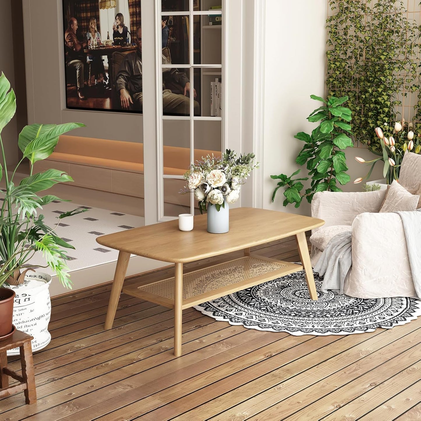 Coffee Table Small Solid Wood Center Table Mid Century Vintage Living Room Coffee Table, Original Rattan 47.24 Inch