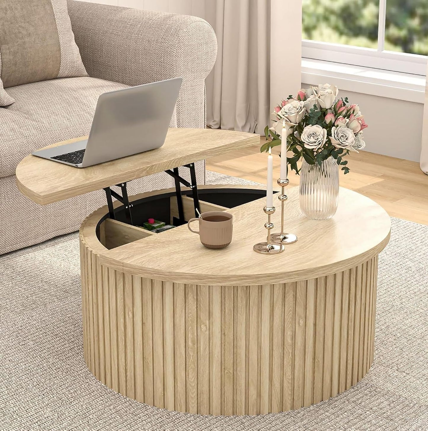 Fsbecl 34'' Round Fluted Lift Top Coffee Table with Hidden Storage, Oak | Wooden Center Table, Lift Top Coffee Table for Living Room, Home Decor