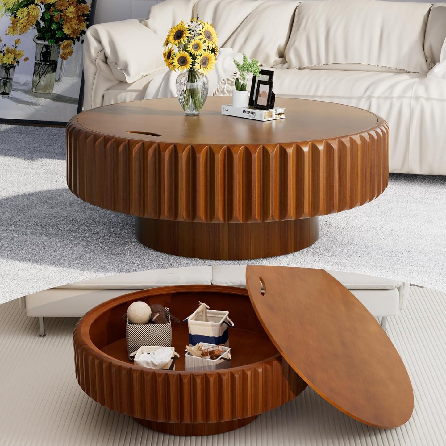 31.5'' Round Coffee Table with Storage for Living Room, Modern Circle Drum Fluted Coffee Table with Wood Veneered Circle Center Tables for Small Space Apartment (A31.5IN)