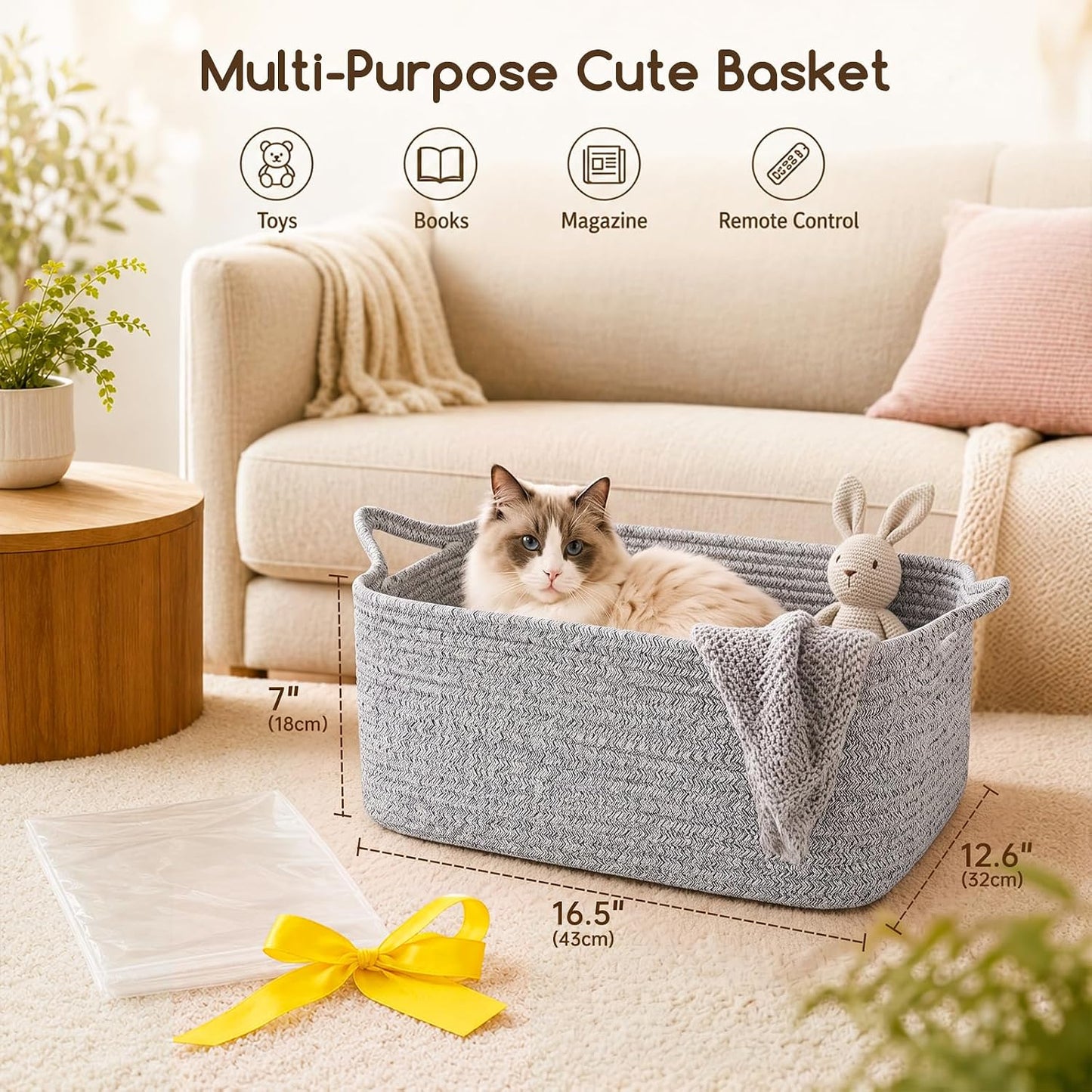 OIASKET Large Empty Cotton Rope Gift Basket with Handles, 16.5"x12.6"x7" Decorative Woven Storage Basket with Gift Bag and Ribbon Set for Baby Shower, Toy Organizer for Kids, Dogs & Cats - Grey