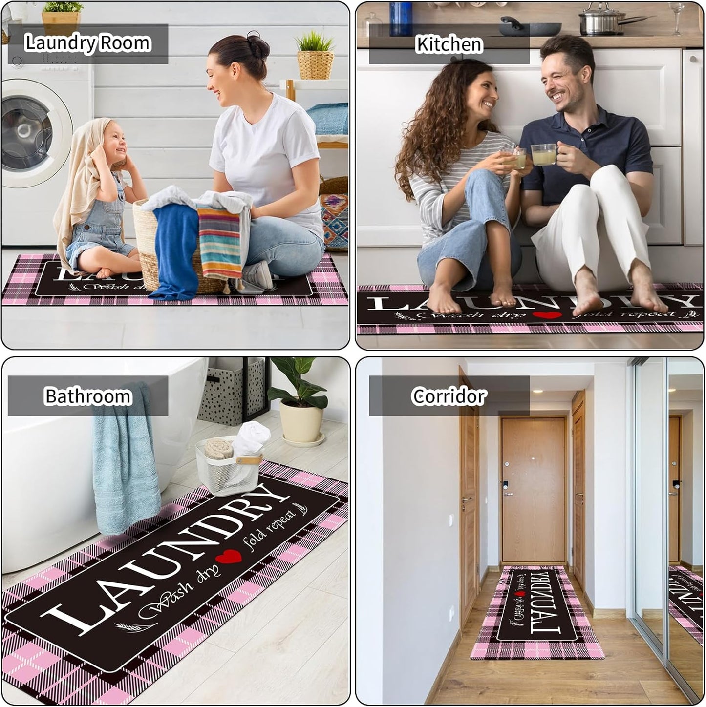 XLHOMO Laundry Room Rugs and Mats, 17"x47" Buffalo Plaid Pink Laundry Room Rug Runner Washable Non Slip, Farmhouse Laundry Mats for Floor, Mudroom, Kitchen, Washroom, Bathroom, Entryway Carpet Decor
