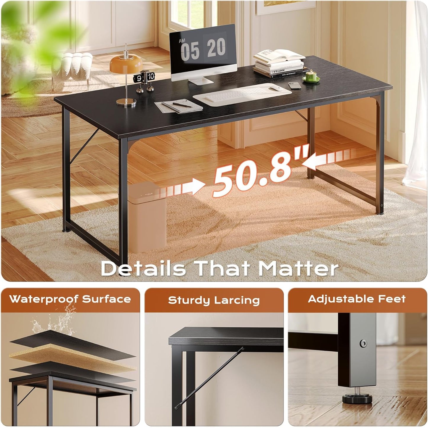 PRAISUN 55 X 24 Inch Computer Desk with Deeper Desktop, Gaming Office Writing Work Desk for Home Office, Study, Bedroom, Work from Home, Metal Frame, Black