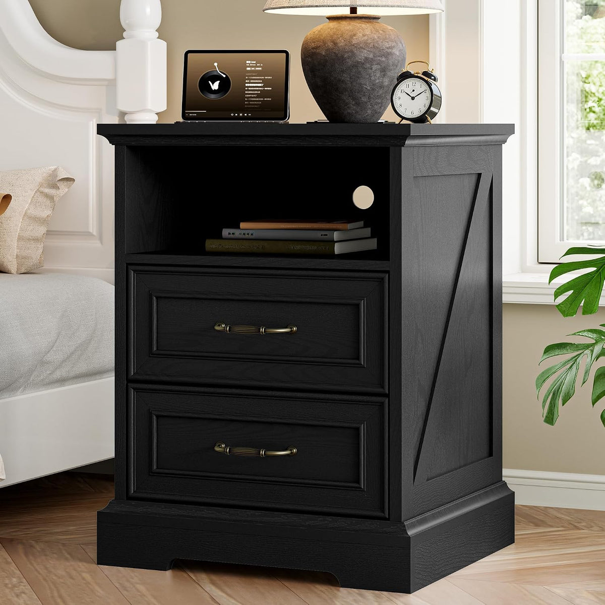 Xixini Tall Nightstand with Charging Station, Farmhouse Black Bedside Table