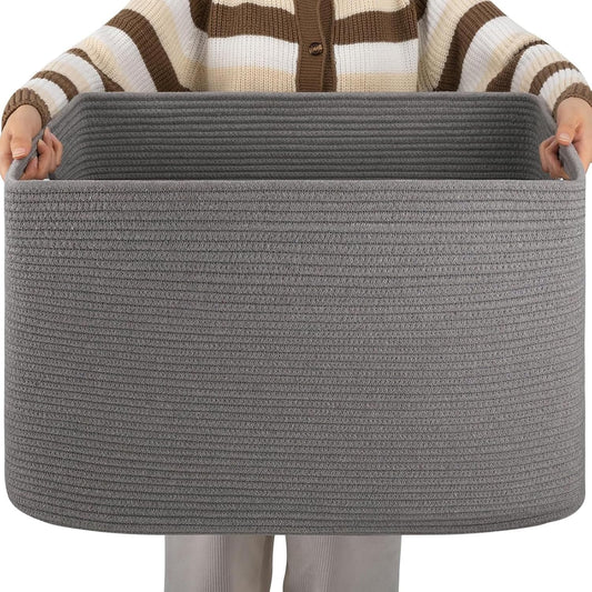 OIAHOMY XXLarge Rectangle Blanket Basket-96L, Cotton Woven Basket for Storage, Dirty Clothes Basket for Living Room, Nursery, Bedroom, Toy Organizing with Handle, 24" x 16" x 15", Dark Grey