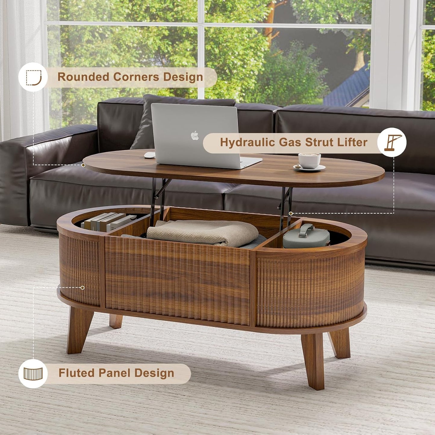 LYNCOHOME 43.3'' Fluted Lift Top Coffee Table with Storage,Modern Oval Coffee Table for Living Room or Home Office（Walnut）
