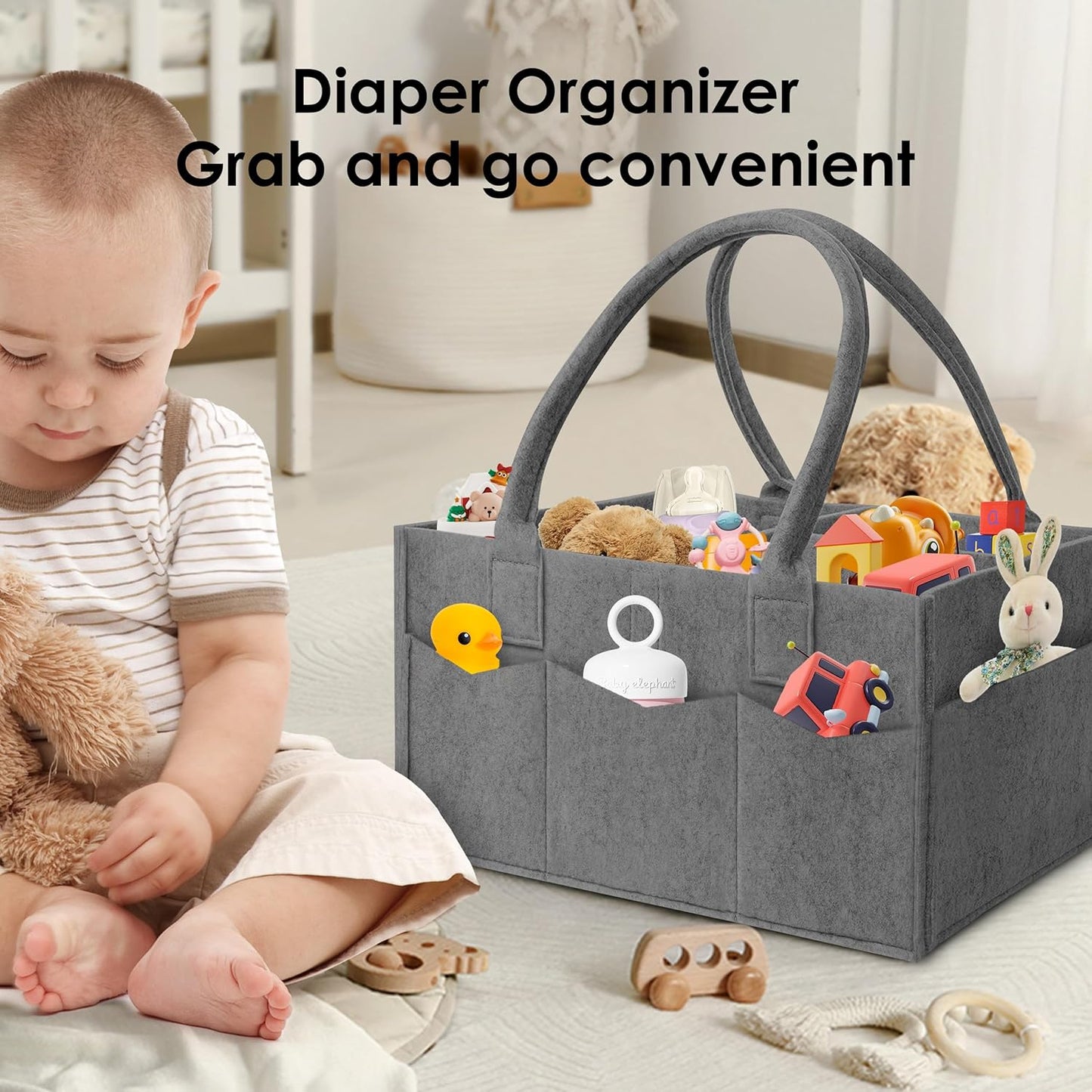 HIPHOP PANDA 2-Pack Diaper Caddy Organizer - Nursery Storage Bin & Car Organizer for Diapers, Wipes, and Baby Essentials - Dual-Color Solid Set (Dark Grey/Grey), Regular Size