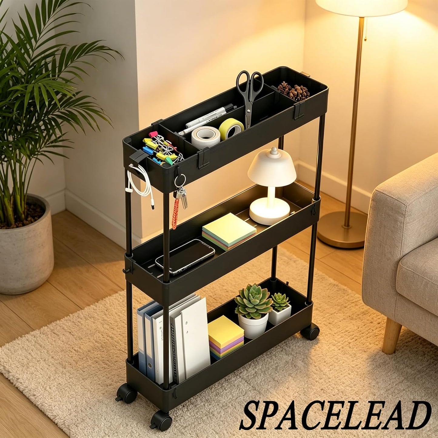 SPACELEAD Slim Storage Cart 3 Tier,Bathroom Organizer Rolling Utility,Mobile Shelving Unit Slide Out for Office, Kitchen, Laundry Room & Narrow Places,Black