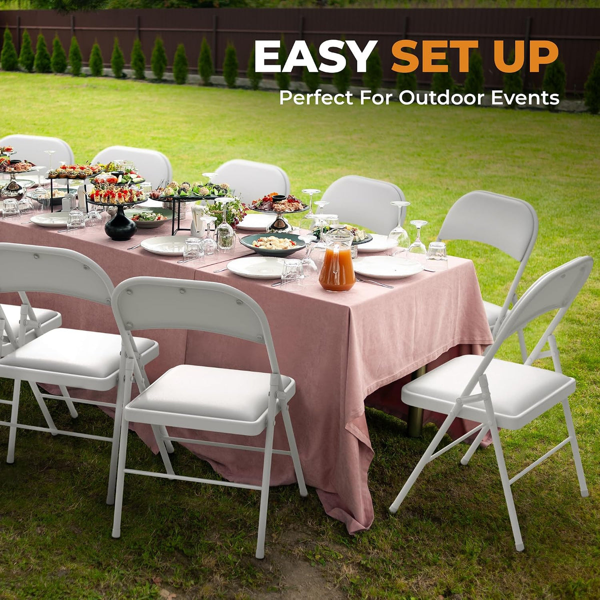 Our Modern Space 4 Pack Leather Chair | Foldable & Stackable | 350 lbs Capacity Steel Frame Seats for Indoor or Outdoor | Commercial Use Events Wedding Party Events Bulk Picnic Kitchen Dining - White