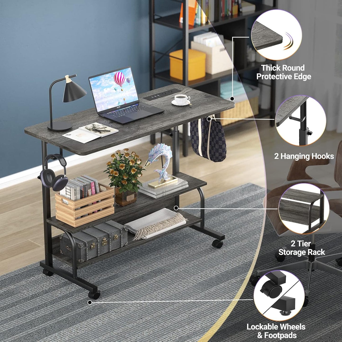 Armocity Rolling Standing Desk with Charging Station, Portable Height Adjustable Mobile Computer Desk with Wheels & 2-Tier Shelves & Hooks, Easy Assembly Laptop Table for Couch Bed, 32" Grey Oak