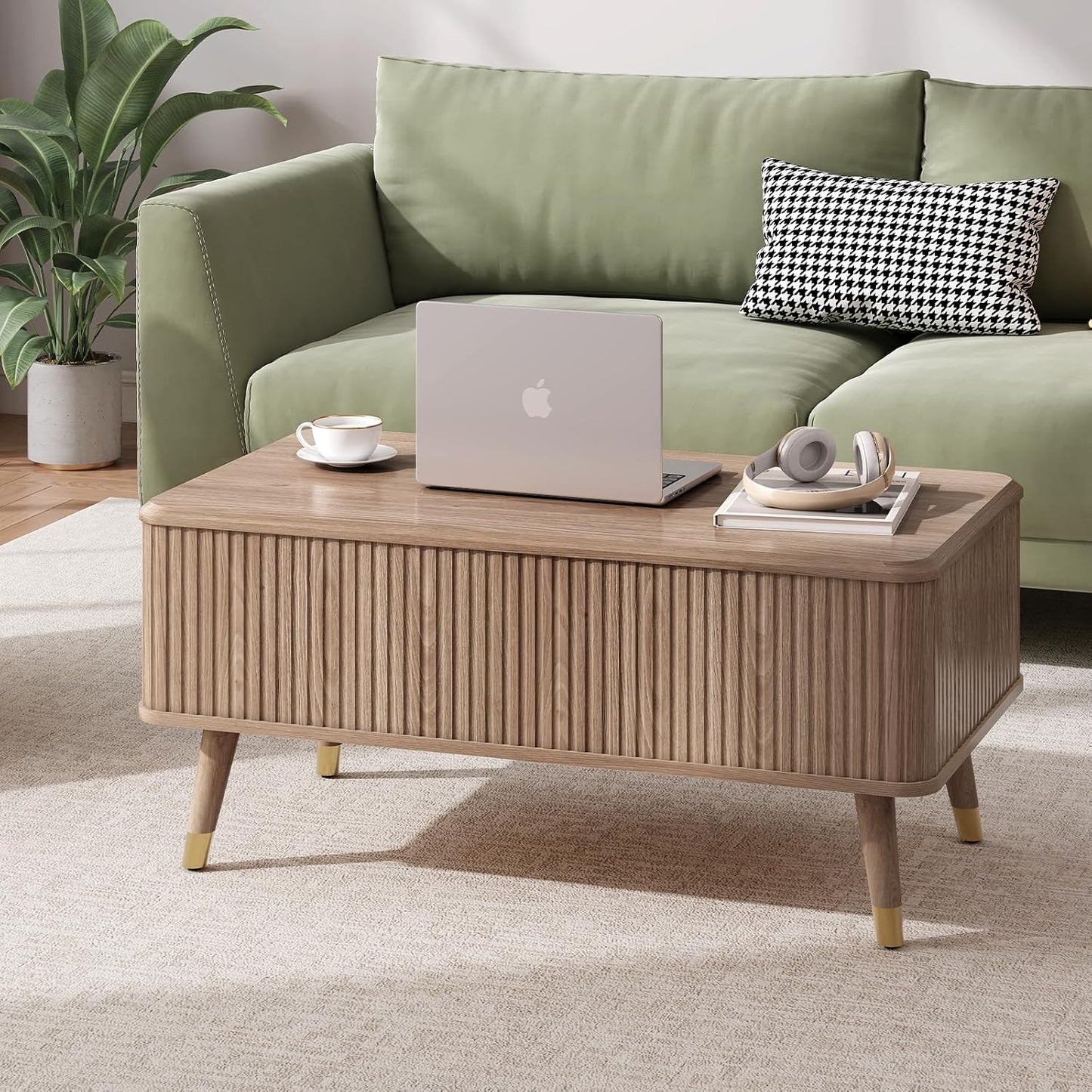 JOINICE Lift Top Coffee Table with Storage, Mid Century Modern Rectangular Center Table, Fluted Design with Hidden Compartment, Rising Desk for Work from Home, Living Room Furniture, Oak Finish