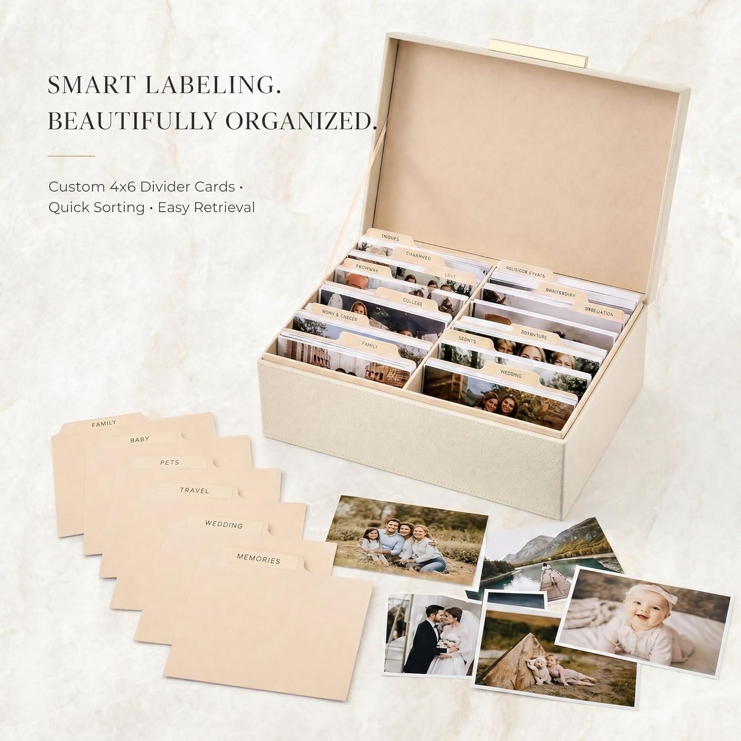 ZICOTO Decorative Photo Storage Box - Sturdy PU Leather Photo Organizer with Dividers is Perfect to Store Up to 1200 Pictures and 4x6 Photos - Portable Scrapbook Storage Containers with Lid