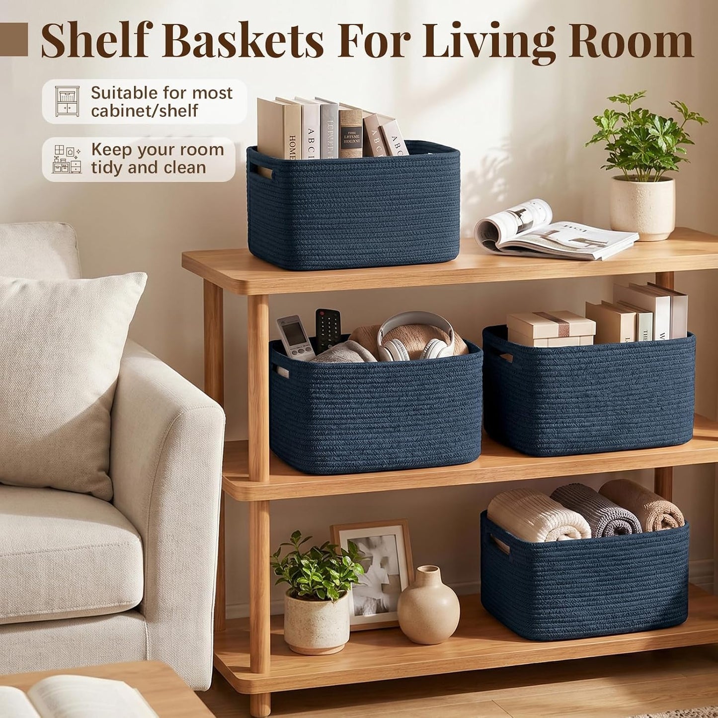 OIASKET 4Packs Natural Cotton Rope Storage Baskets for Organizing Toys, Clothes, Towels & Books, Soft Versatile Organizers for Shelves, Home Decorative Bins, 13''Lx9''Wx7.8''H, Blue