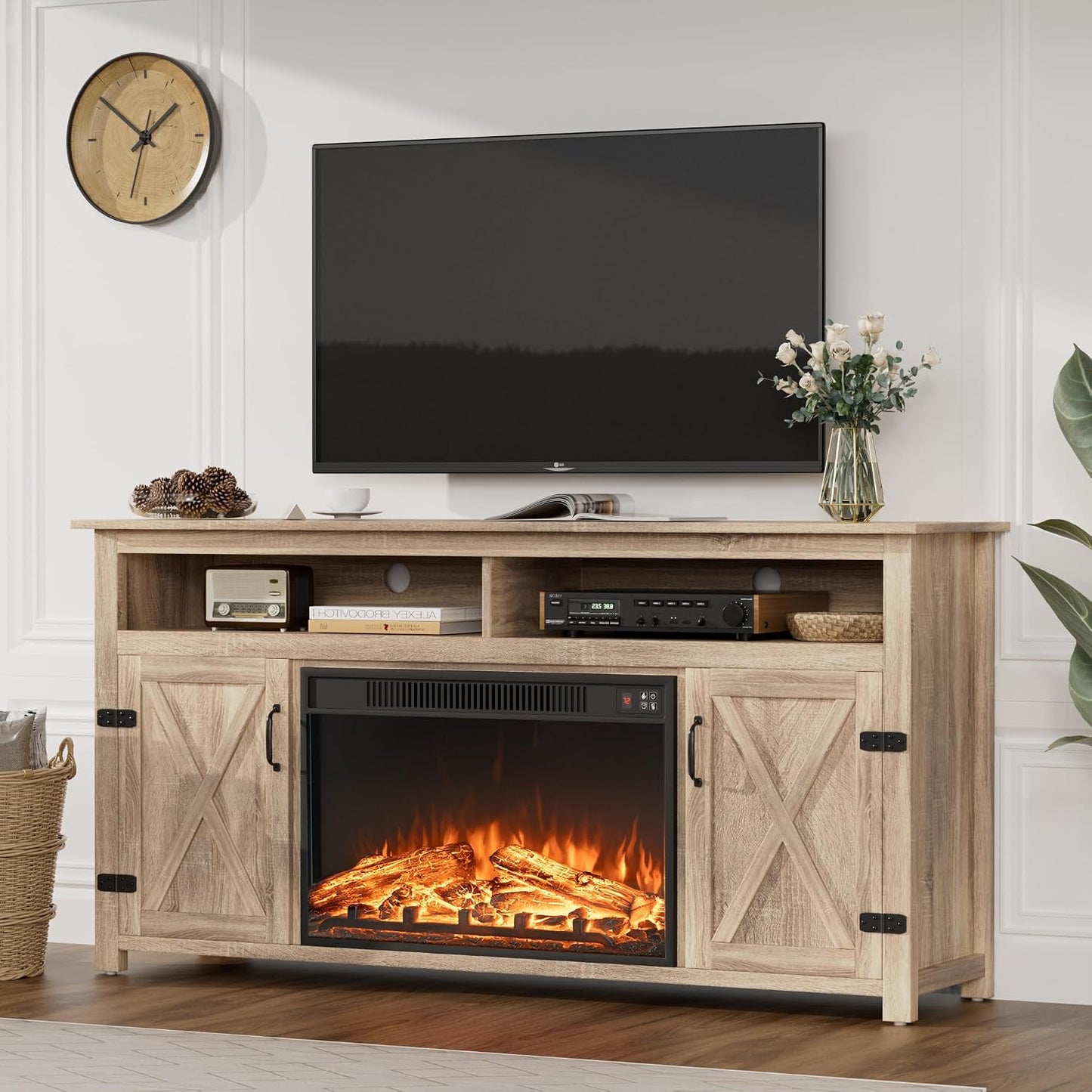 JUMMICO Fireplace TV Stand for TVs Up to 65+ Inch(Pale Yellow)