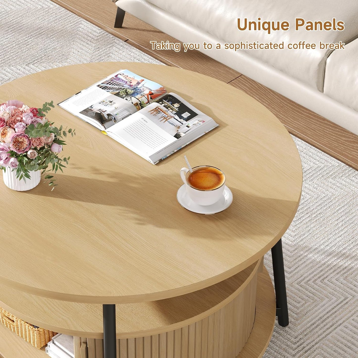 ONBRILL 31.5" Round Coffee Table with Storage and 2 Tiers, Oak | Mid-Century Modern Center Table with 2 Sliding Doors and Adjustable Footpad for Living Room