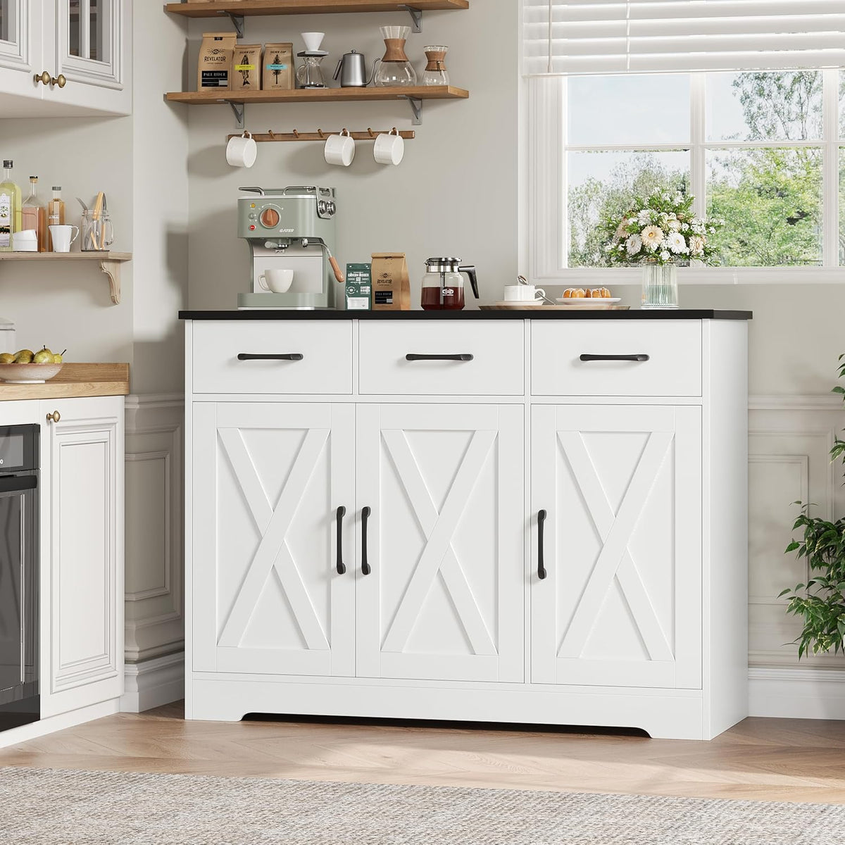 HOSTACK Kitchen Buffet Cabinet with Storage, Sideboard Coffee Bar, White | Farmhouse Kitchen Storage Cabinet with 3 Drawers & Adjustable Shelf & Doors, 42.5"W Buffet Table for Dining Living Room