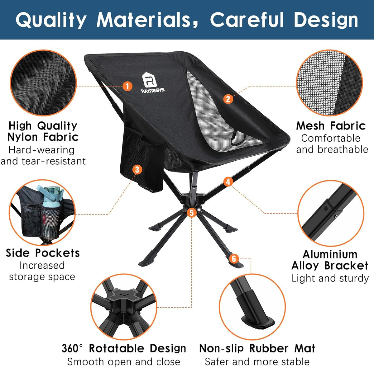 Raynesys 1 Pack Portable Camping Chair, Flexible 360° Rotation, Easy Carry, 8 Seconds Quick Setup Folding Camping Chair, 3.8Lb Lightweight Folding Chairs for Hiking, Beach, Sporting, Travel