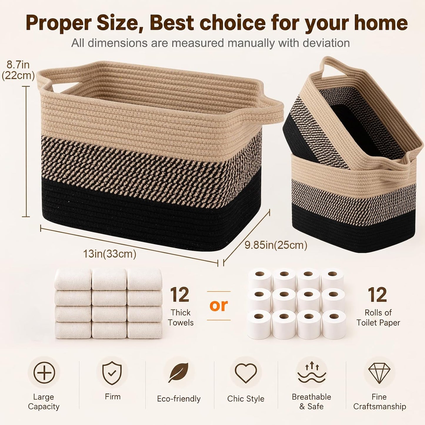 OIAHOMY Storage Basket, Woven Baskets for Storage, Cotton Rope Basket for toys,Towel Baskets for Bathroom - Pack of 3, Black & Brown