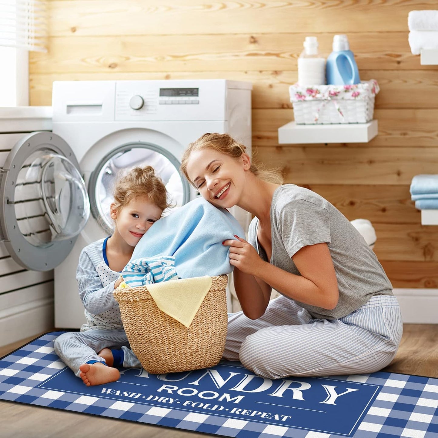 ROMAMIGO Laundry Room Rug Runner Non Slip Laundry Mats Mudroom Laundromat Runner Farmhouse Kitchen Floor Mat Bathroom Laundry Room Decor Accessories(20 X 47 inch, Buffalo Plaid Blue)