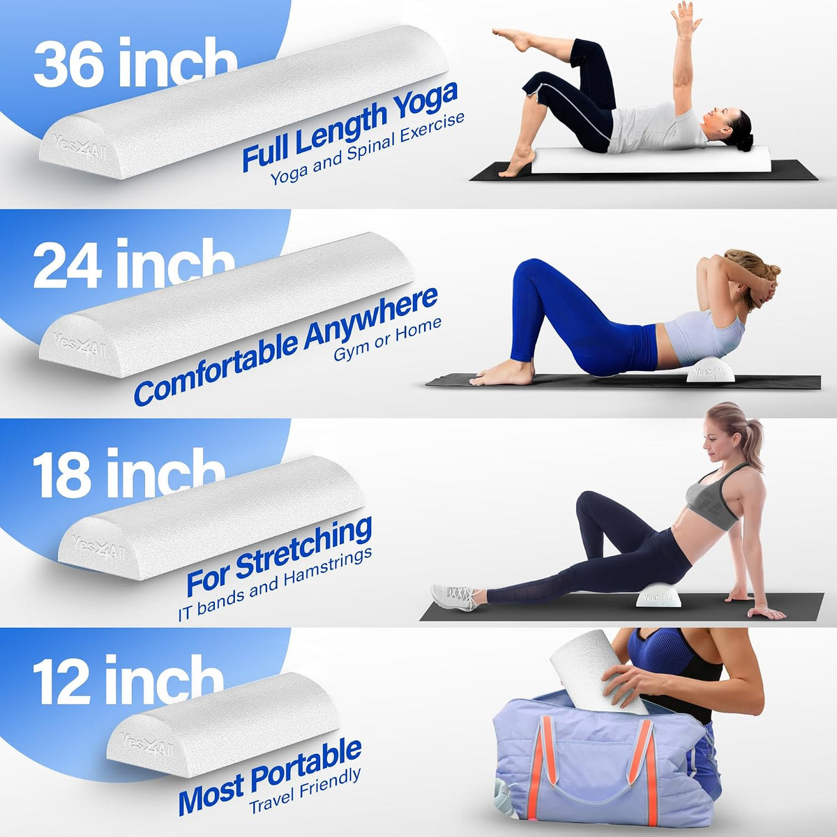 Yes4All Medium Firm Half Foam Rollers for Post-Workout Relaxation, 12/18/24/36 inch PE Foam Roll for Back Massage & Yoga Exercise