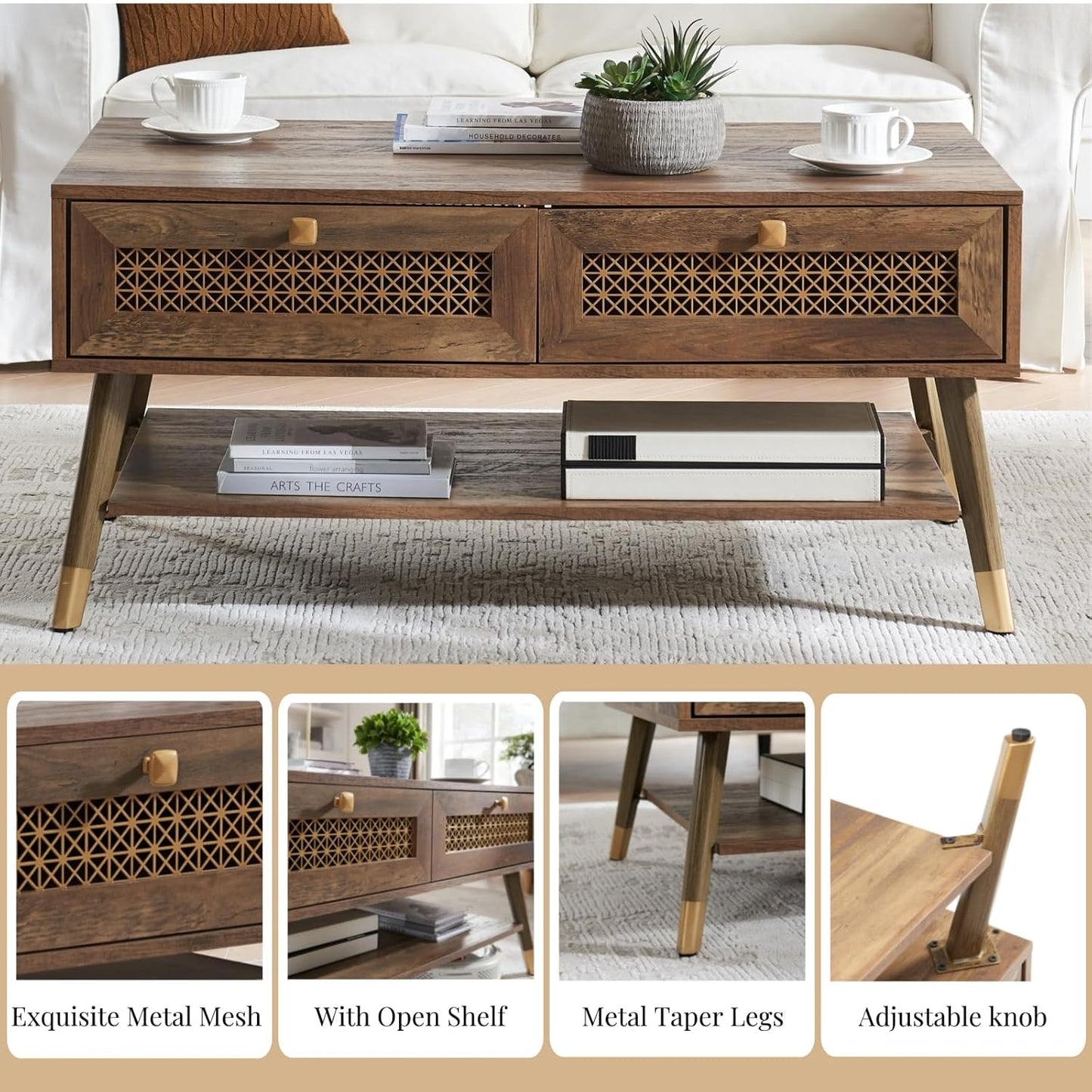 Wooden Mid Century Modern Coffee Table, Retangle Coffee Table with Two Drawers for Living Room, Rustic Oak