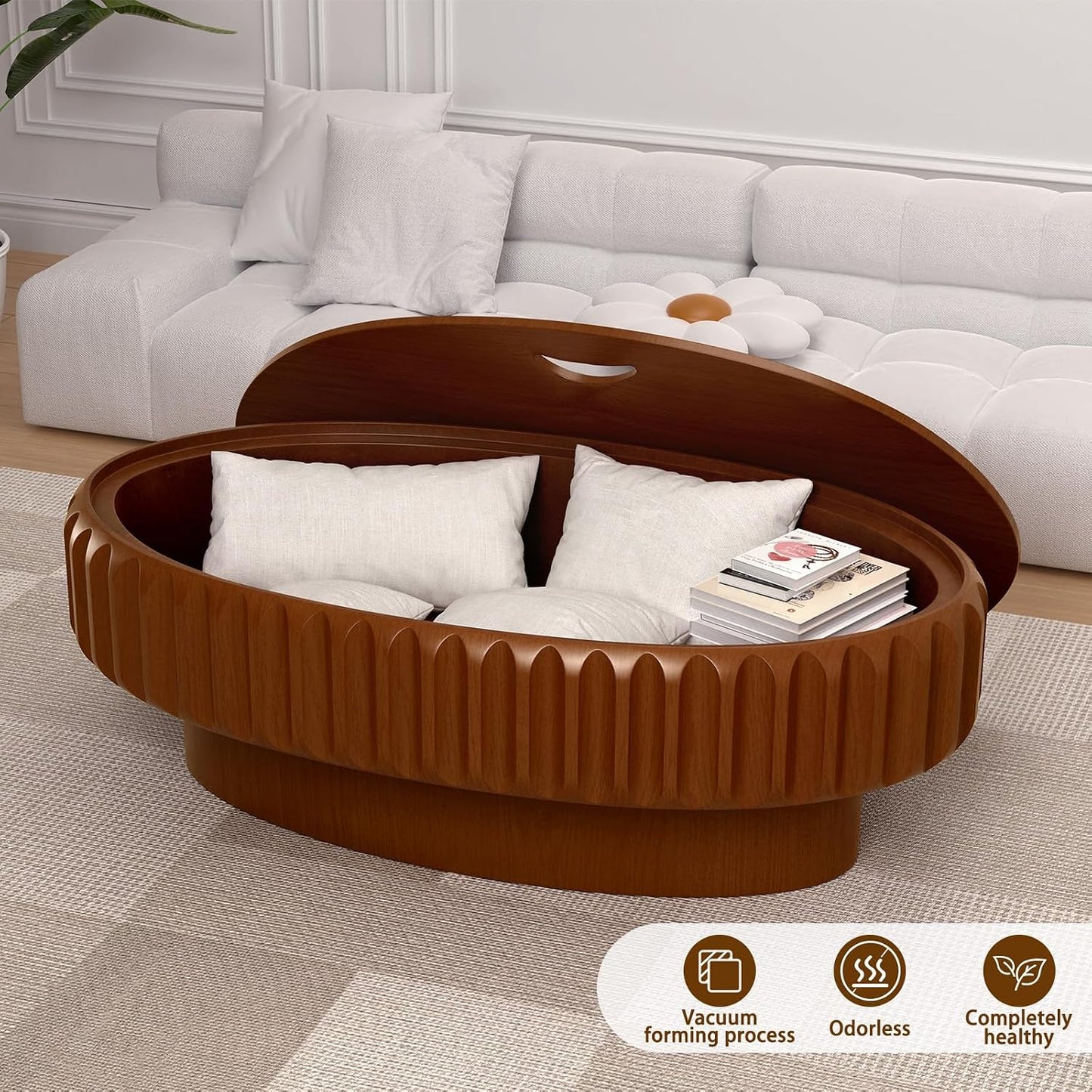 43.3" Oval Fluted Coffee Table with Hidden Storage (Brown 43.3) | Oval Wooden Coffee Table with Solid Wood Veneered, Gear Center Table, Drum Tea Table for Living Room Apartment