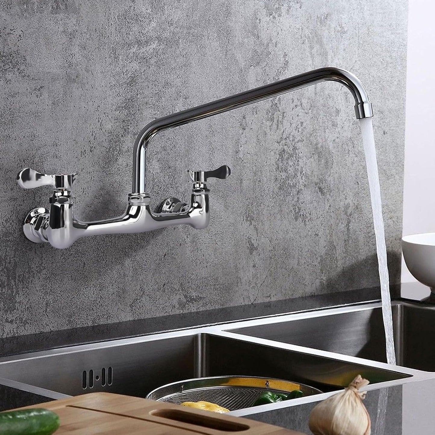 Wall Mount Kitchen Faucet 8" Center Commercial Sink Faucet with 8" Swivel Spout Dual Handles Brass Utility Sink Faucet for Laundry Room Restaurant Polish Chrome