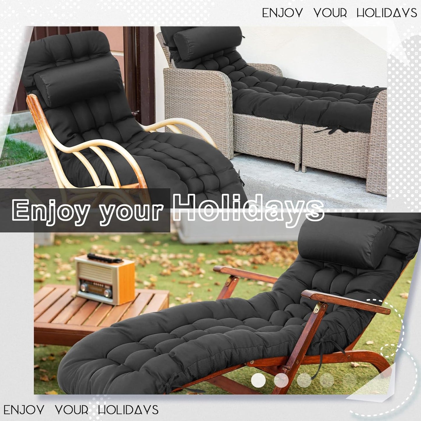 Tudomro Outdoor Chaise Lounge Cushion 66x21x4'' Waterproof & Fade-Resistant Patio Pool Chaise Lounge Cushion Headrest Pillow Tie Replacement Rocking High Back Chair(Charcoal Gray,1 Pcs)