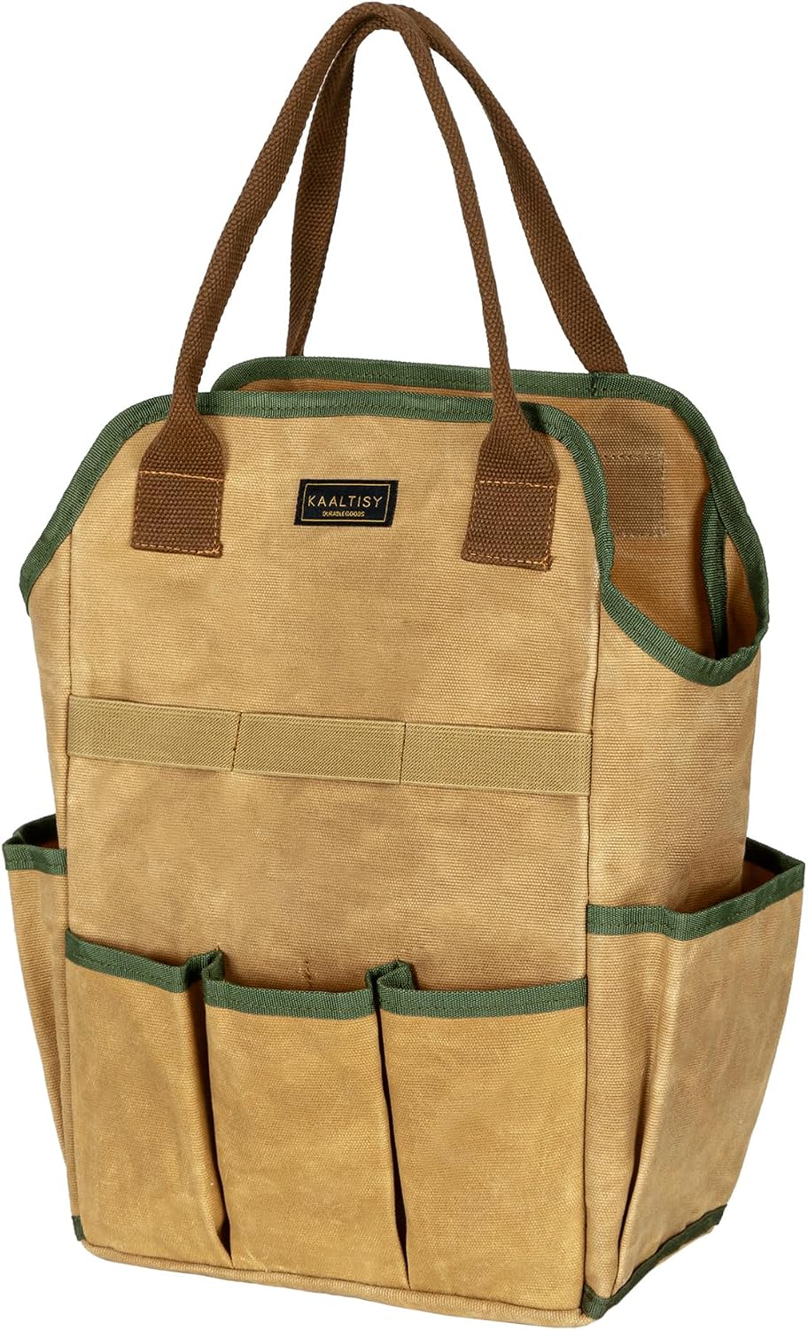 Tool Bag, Heavy Duty 16oz Waxed Canvas Garden Tool Tote - with 3 Inner Slots & 8 Outer Pockets, Multi-Purpose Gardening Tool Storage Bag for Gardener Florist Workshop - Army Green