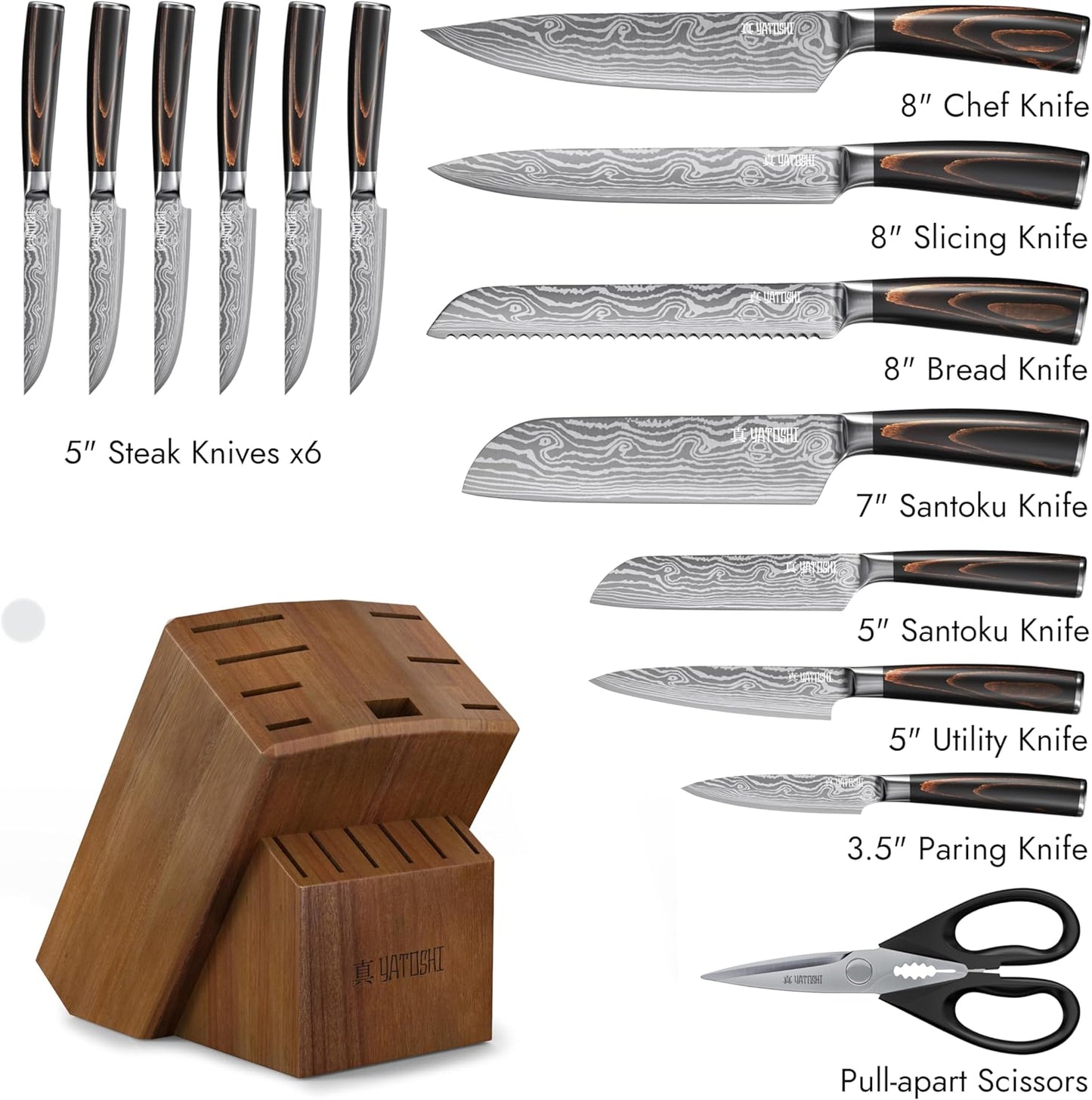 Yatoshi Professional Kitchen Knife Set, 15 Pieces, High Carbon Stainless Steel, Ergonomic Handle