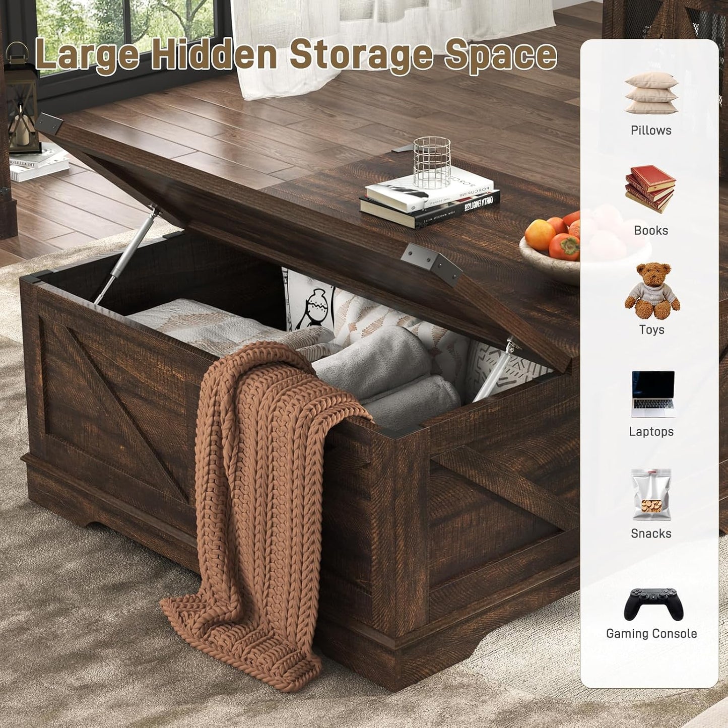 Hlivelood 40” Large Farmhouse Lift Top Coffee Table with Power Outlets and Large Hidden Storage, Square Wood Living Room Tables, Multi-Function Lift Wooden Barn Door Center Table, Brown