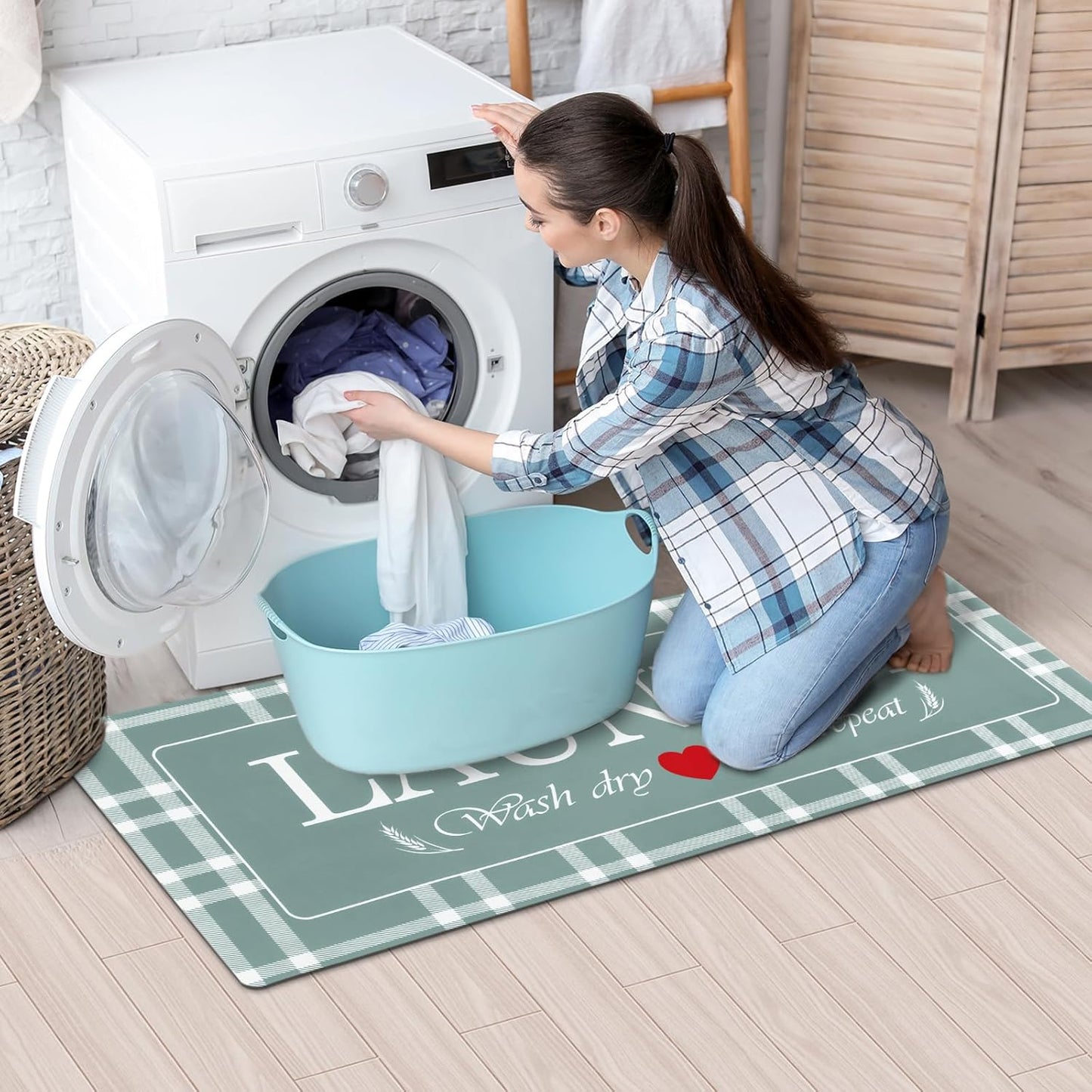 XLHOMO Laundry Room Rug Runner, 17"x47" Buffalo Plaid Non Slip Teal Laundry Rugs, Farmhouse Washable Floor Laundry Mats for Laundry Room, Mudroom, Kitchen, Washroom, Bathroom, Entryway Rugs Decor