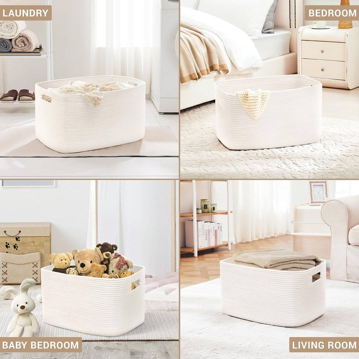 86L Large Woven Laundry Basket Hamper with Handles, White