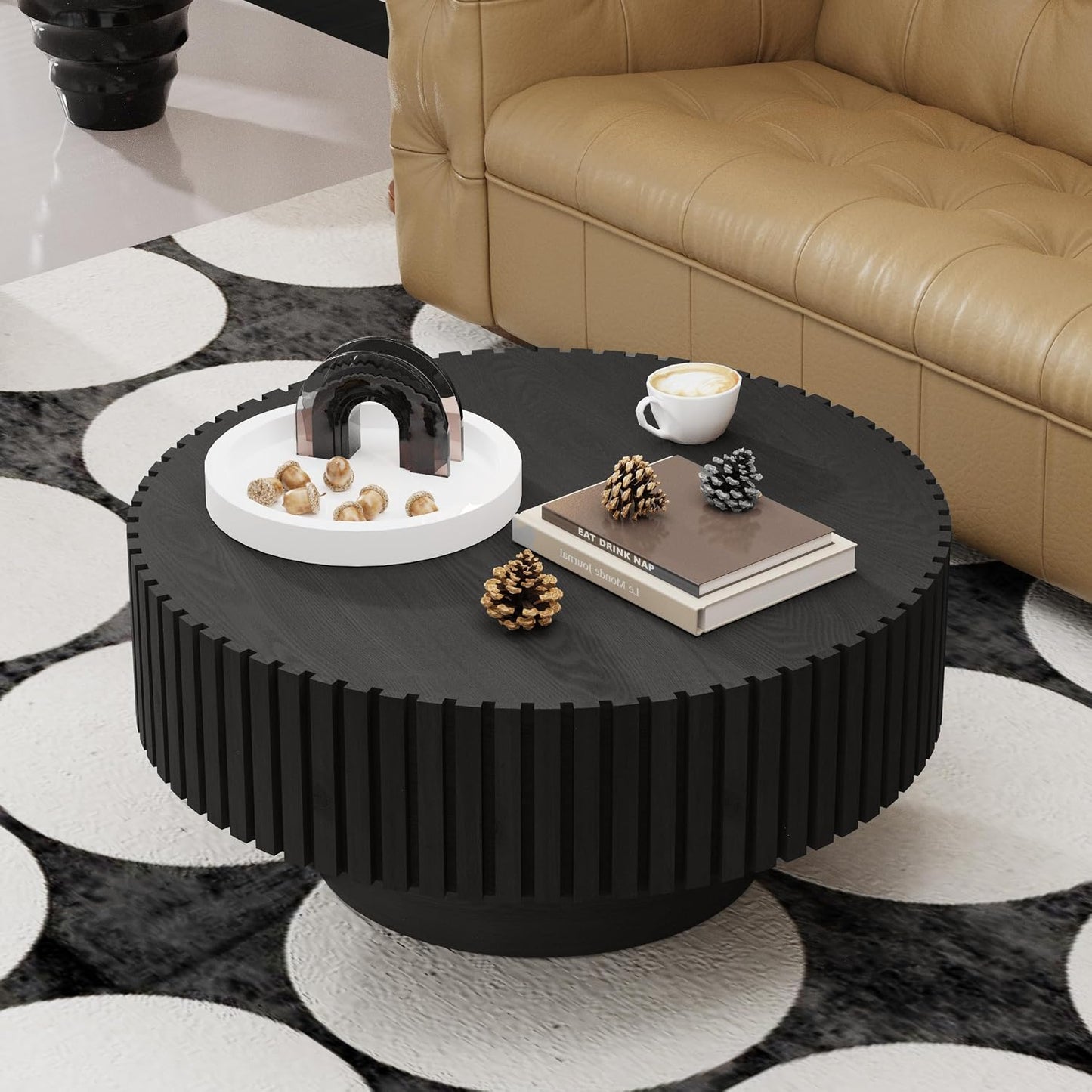 31.5" Modern Drum Coffee Table, Black | Unique Fluted Round Coffee Table, Contemporary Handcrafted Wood Tea Table for Living Room