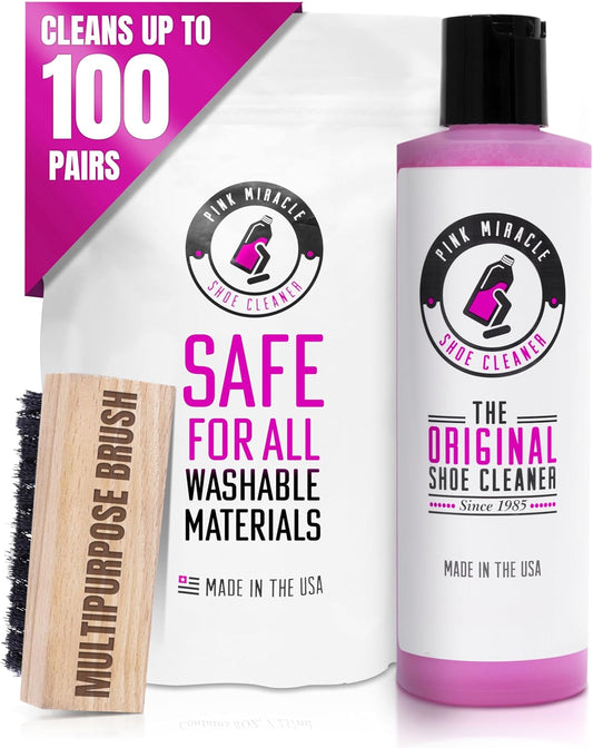 Pink Miracle Shoe Cleaner Kit with Bottle and Brush For Fabric Cleaner For Leather, Whites, Suede and Nubuck Sneakers