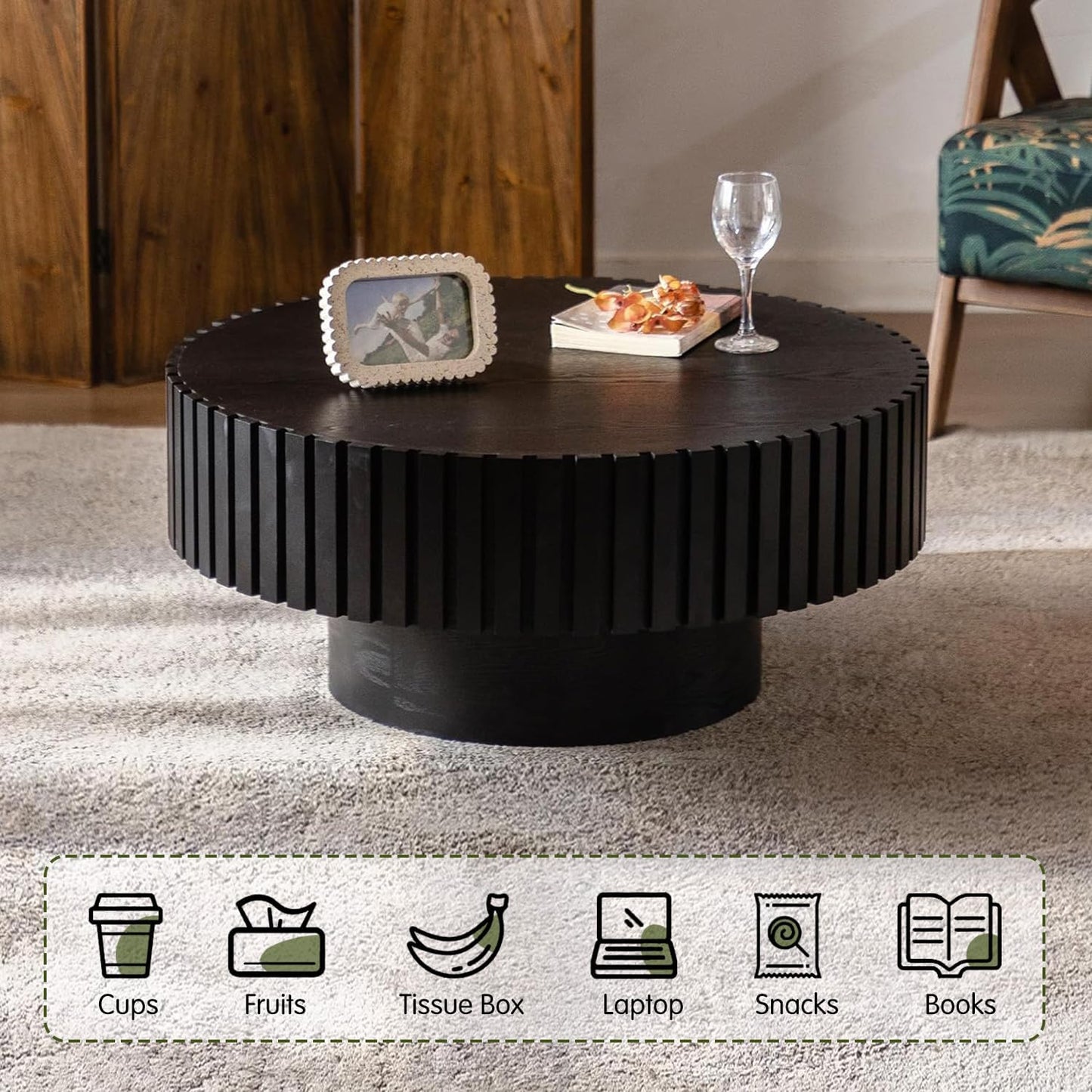 Black Round Fluted Coffee Table for Living Room (31" Round Black) | Handcrafted Relief, Circular Wood Drum Coffee Table, for Office Outdoor
