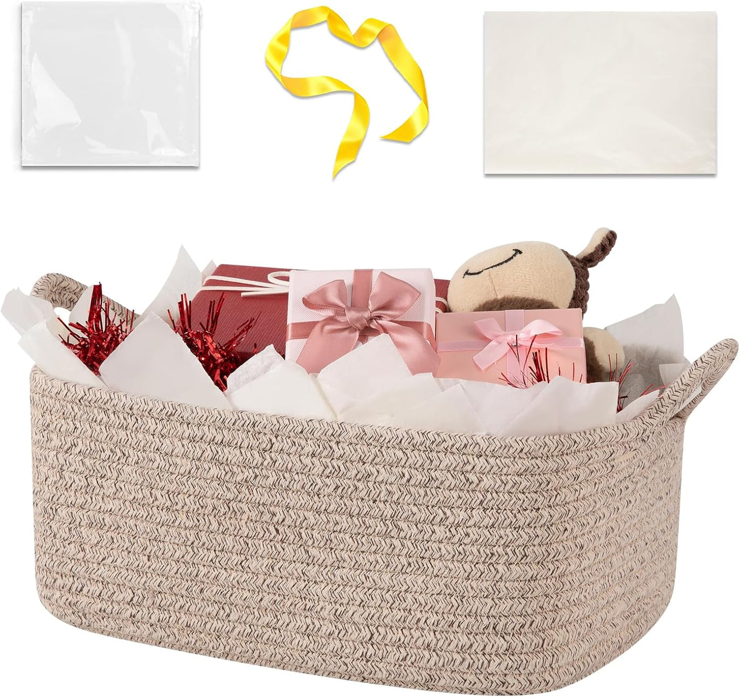 OIASKET Gift Basket Empty with Handle, Small Woven Baskets for Gifts Empty | 13.6"x10"x5.9", Baby Shower Toy Storage Baskets, Dog Toy Storage for Organizing, with Gift Bag Ribbon Tissue Paper