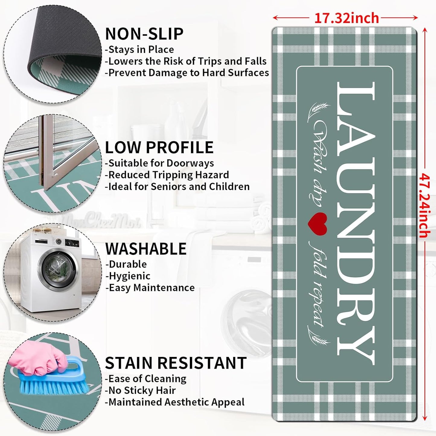 XLHOMO Laundry Room Rug Runner, 17"x47" Buffalo Plaid Non Slip Teal Laundry Rugs, Farmhouse Washable Floor Laundry Mats for Laundry Room, Mudroom, Kitchen, Washroom, Bathroom, Entryway Rugs Decor