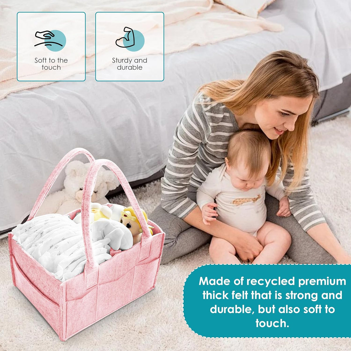 Cute Castle 2 Pack Diaper Caddy Organizer - Portable Baby Caddy Organizer with Handle, Nursery Storage Bin and Car Organizer for Girls, Boys - Baby Gift Basket - Pink