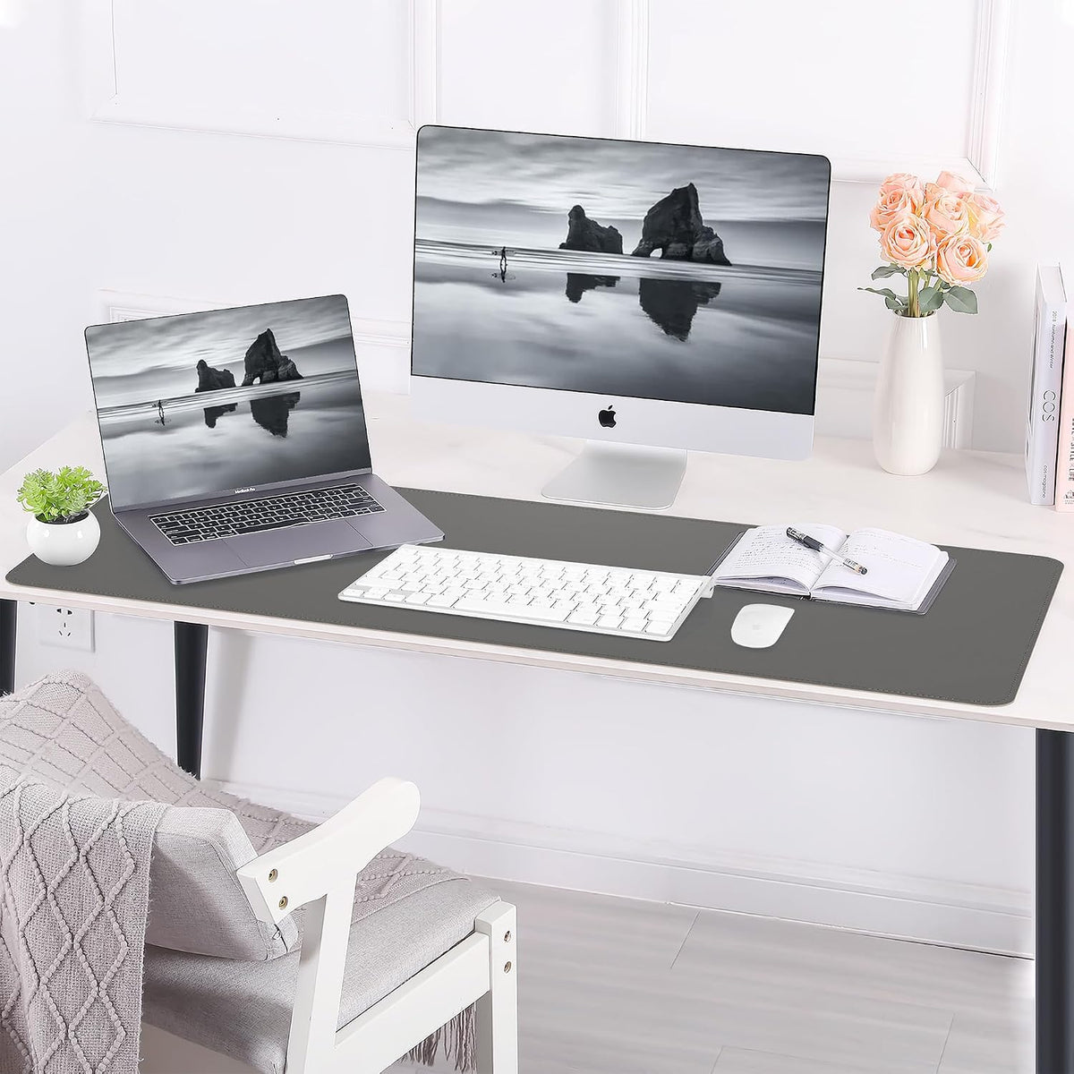 AFIING Cork Desk Mat 47" x 23.6", Dual-Sided Natural Cork & PU Leather Desk Pad, Non-Slip Waterproof Large Mouse Pad for Office, Home & Gaming (Dark Grey)