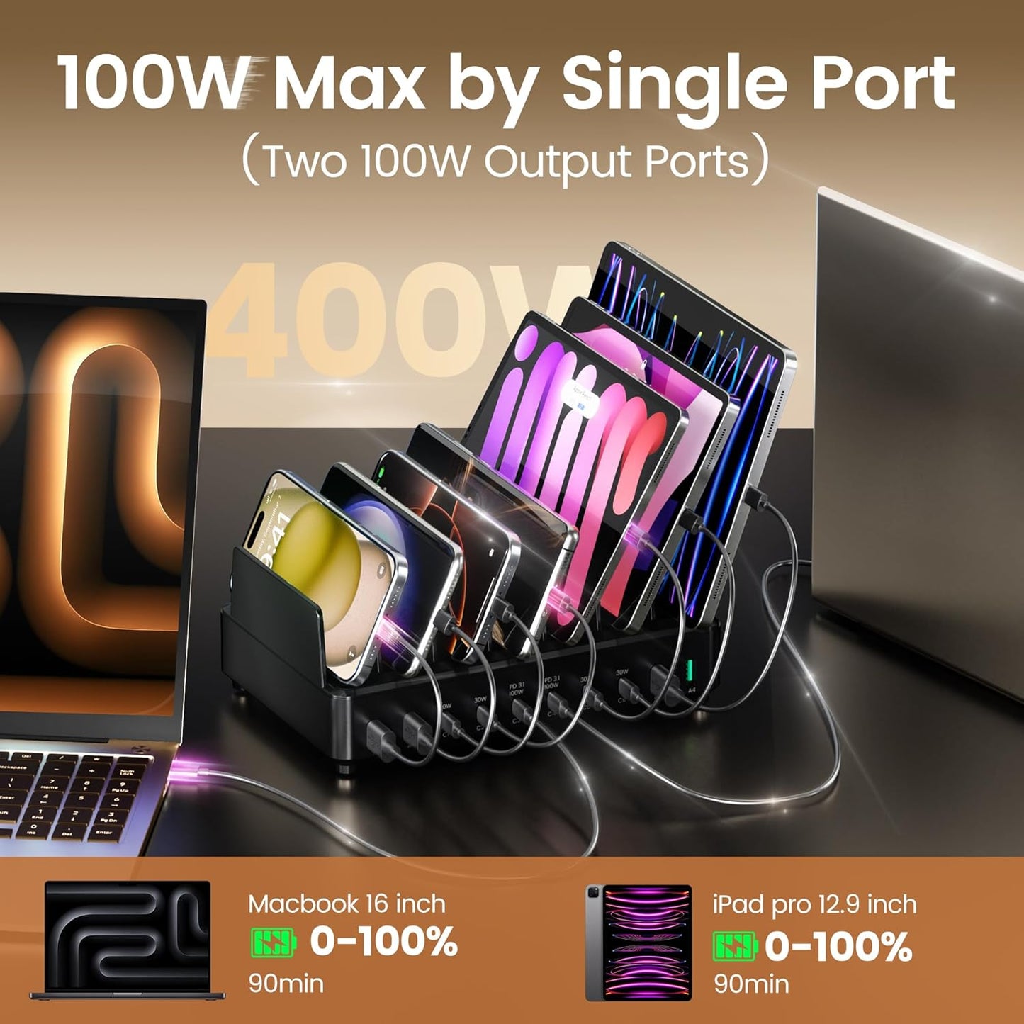 400W Charging Station for Multiple Devices,Dual PD 100W Multi USB C Charging Station with 8 Cable,10 Port Charger Station for MacBook iPhone iPad Laptop Cell Phone Android Tablet-Black