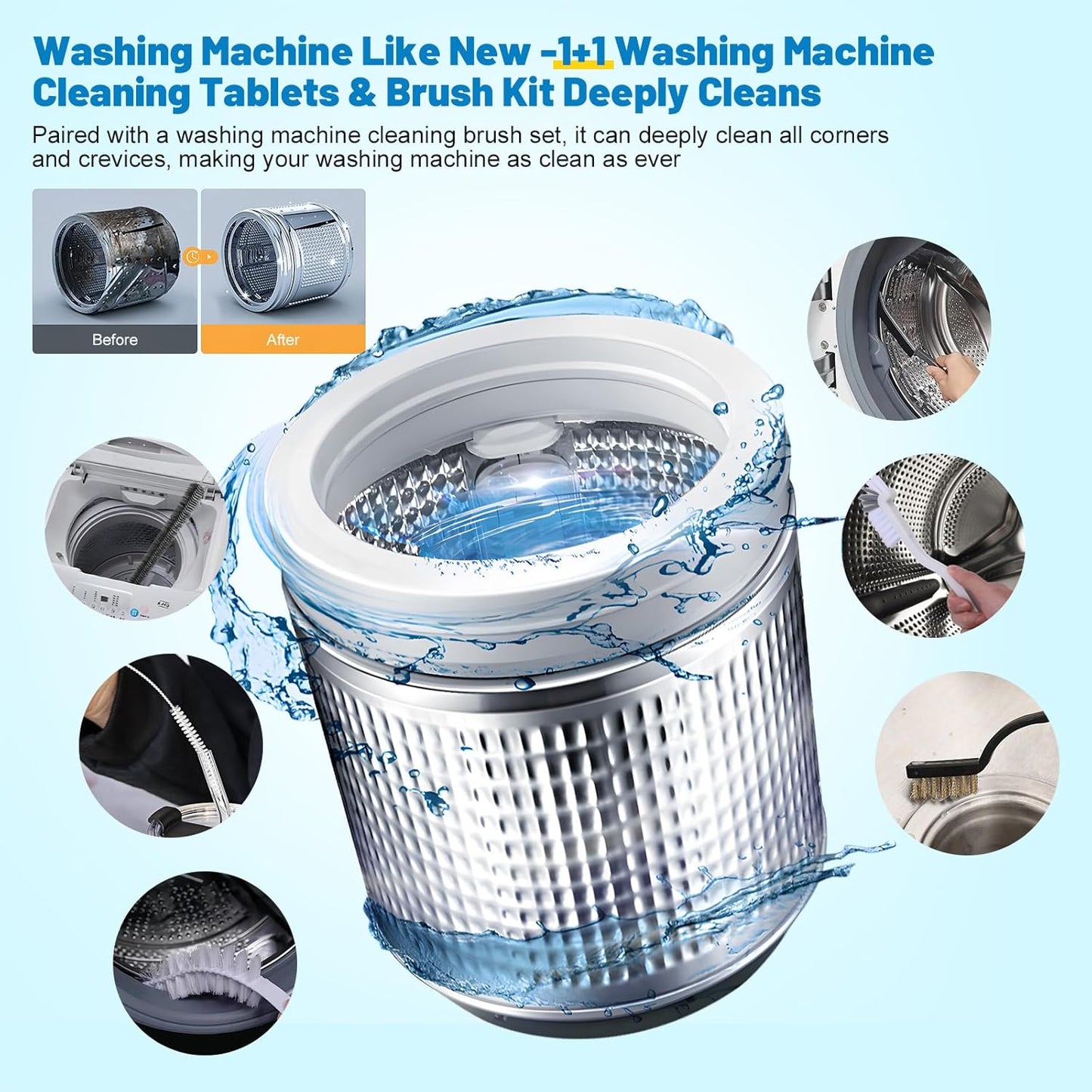Washing Machine Cleaner, Washer Machine Cleaner Tablets 15 Pcs + Dryer Vent Cleaner Kit 12 Pack, Crevice Cleaning Brush for Bathroom, Shower & Kitchen, All-in-One Multi-Surface Scrubbing Brushes